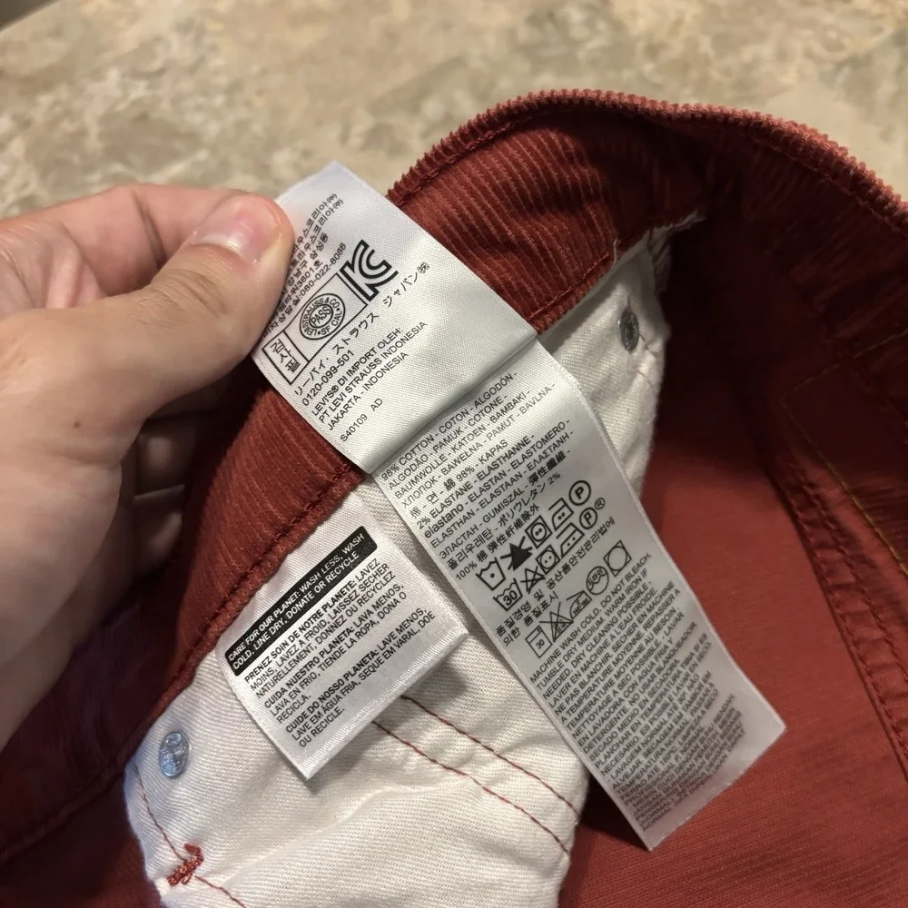 Levi's Pants Mens 36x30 (fits 36x28) Red 502 Straight Taper Corduroy Casual